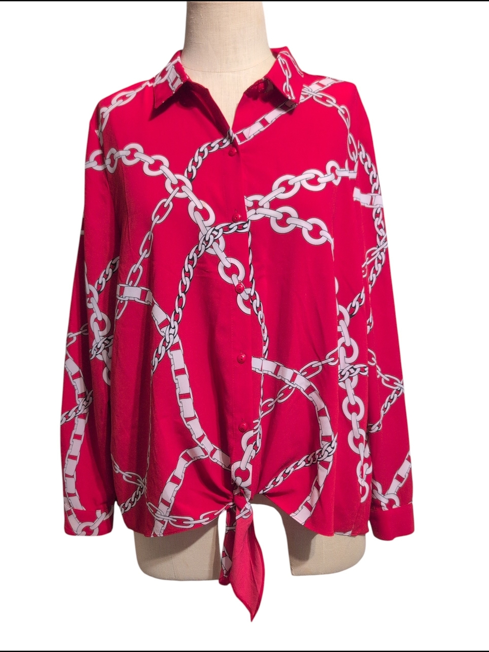 Susan Graver Bright Red Chain-Print Tie-Front Button Down Shirt Casual Career 16
